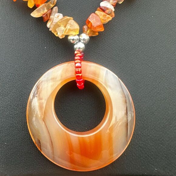 Carnelian & Agate Gemstone Chip Necklace with Banded Agate Donut Pendant - Picture 6 of 8